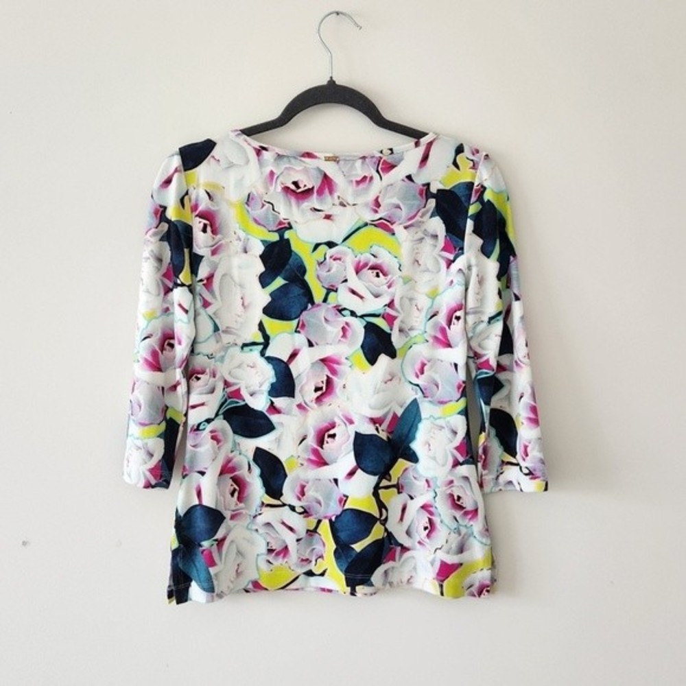 St. John Top Colorful Floral Print 3/4 Sleeve Blouse Top Small - Picture 2 of 6